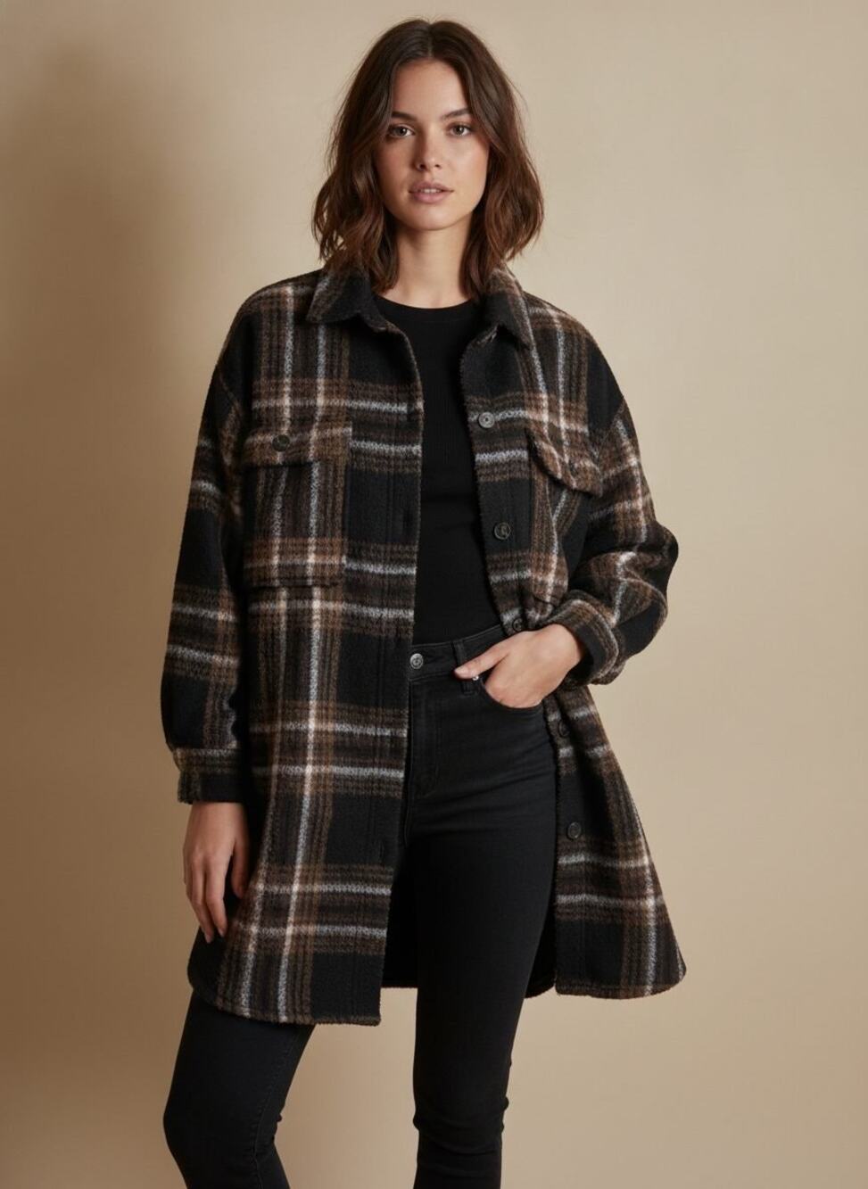saltwater LUXE Button Up Oversized Shacket — Brown Plaid, M